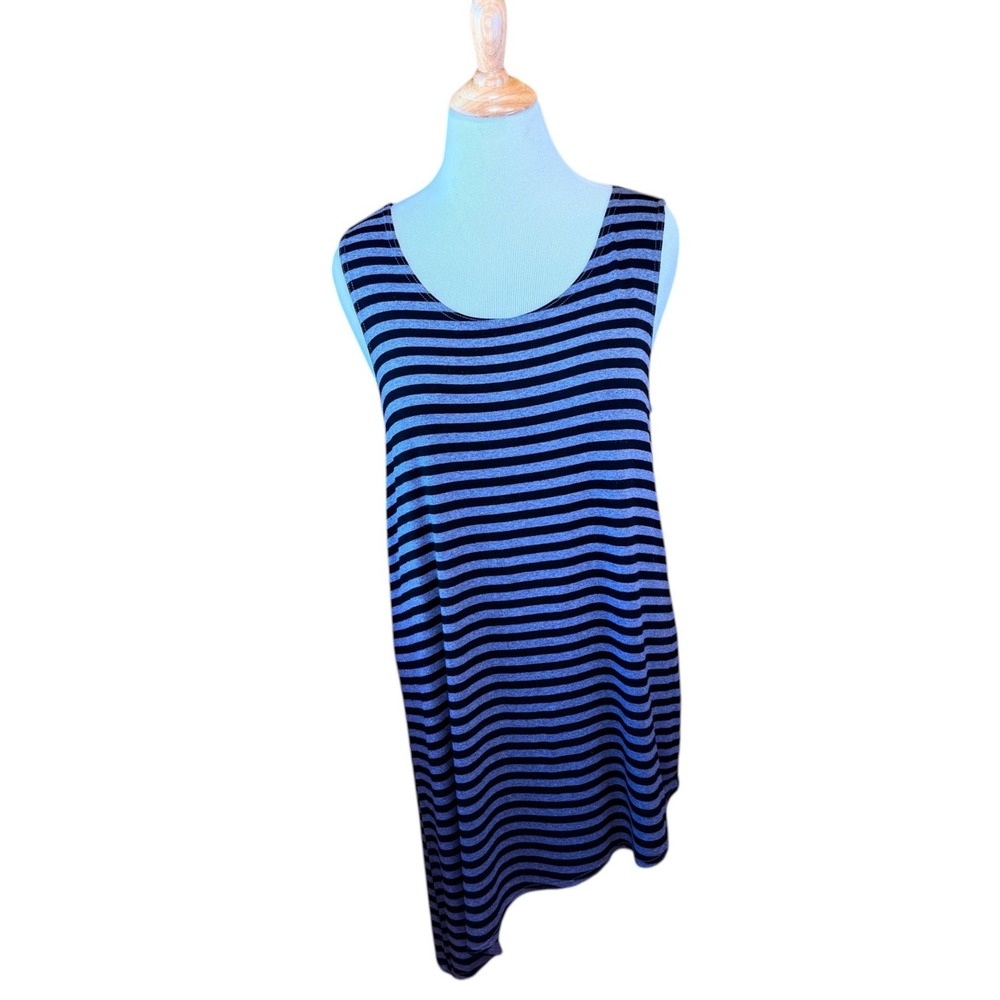 Bryn Walker Asymetrical Tunic Top XL Black Gray Striped Sleeveless Lagenlook